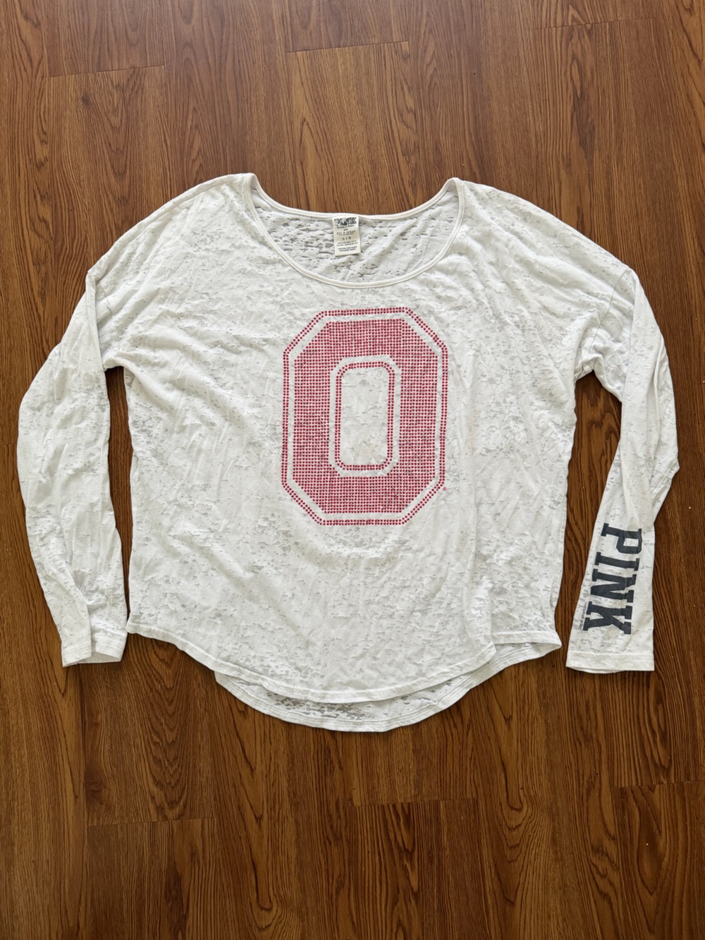 PINK Victoria's Secret White Long-Sleeve Ohio State Shirt With Red Rhinestones